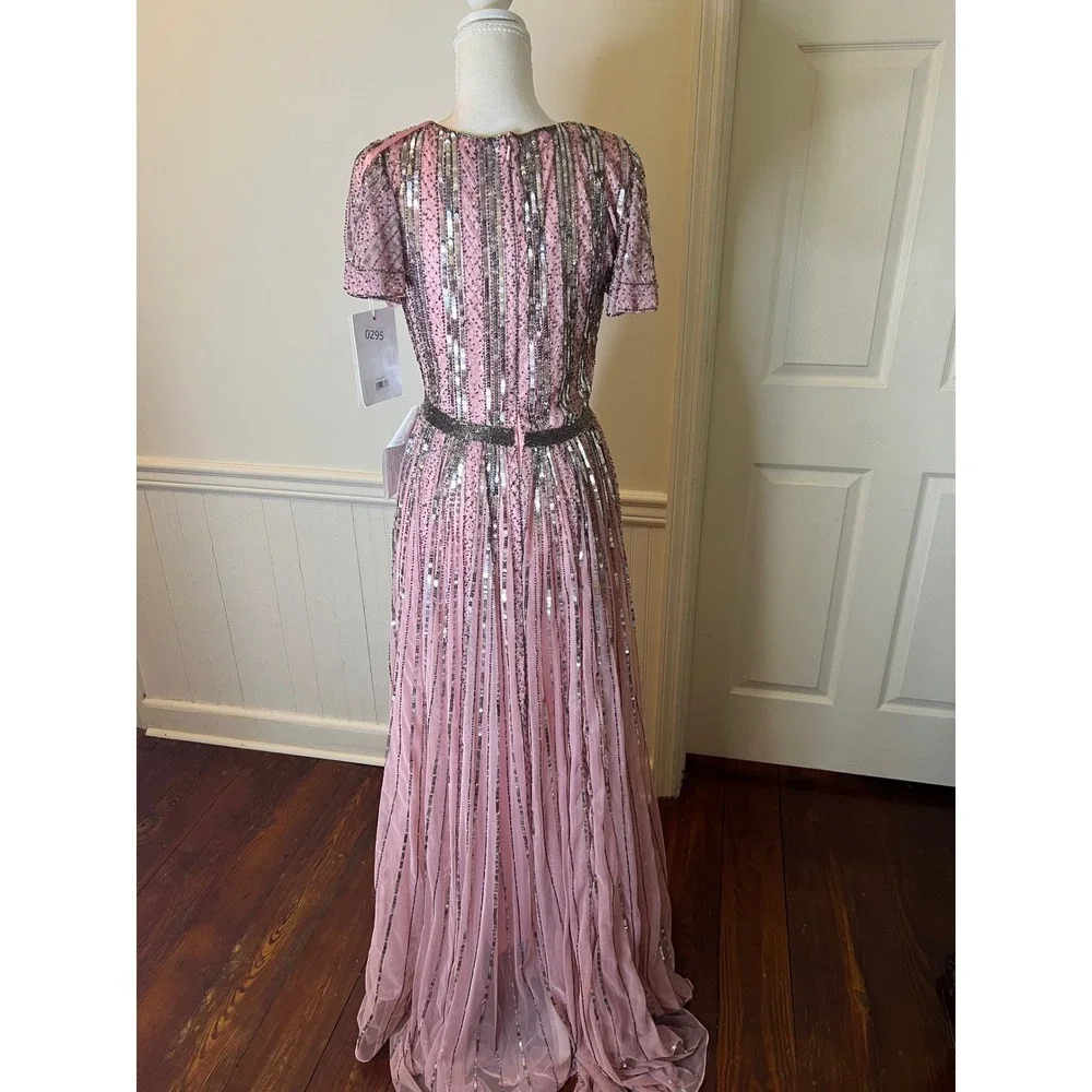 Mac Duggal 70108 Rose Pink Sequin Beaded Flutter Sleeve V-Neck Gown Dress size 4 - Picture 11 of 14